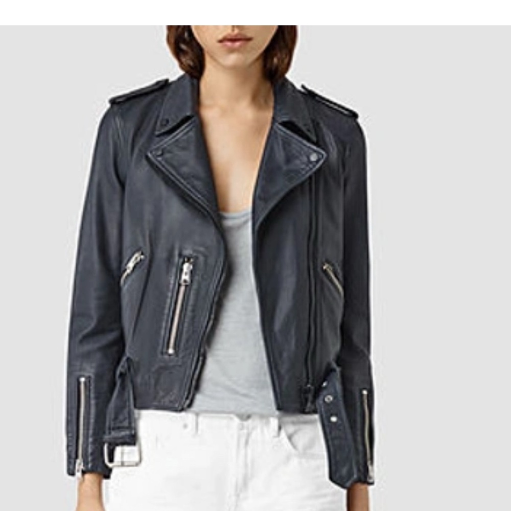 AllSaints Wyatt Biker Leather Jacket in Ink Blue - Picture 12 of 12